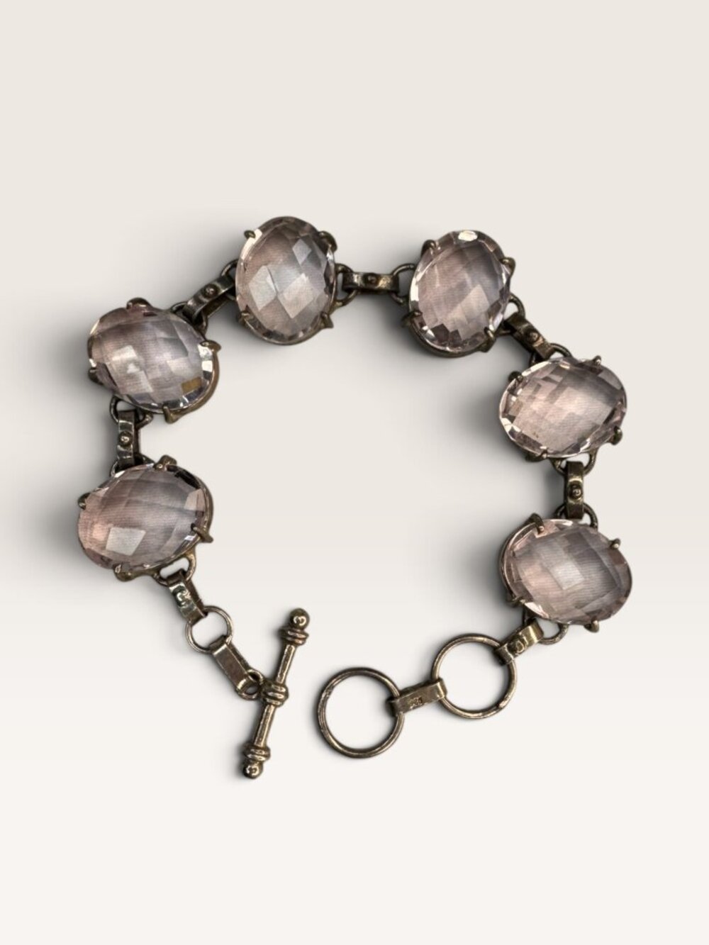 Pale Pink Faceted Glass Crystal Oval Collet Link Toggle Bracelet 7.25"